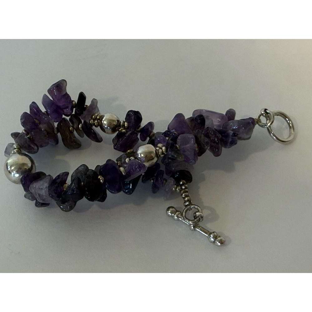 7" Amethyst Chip Bracelet Silver Bead Toggle Clasp Boho Purple Crystal Gift